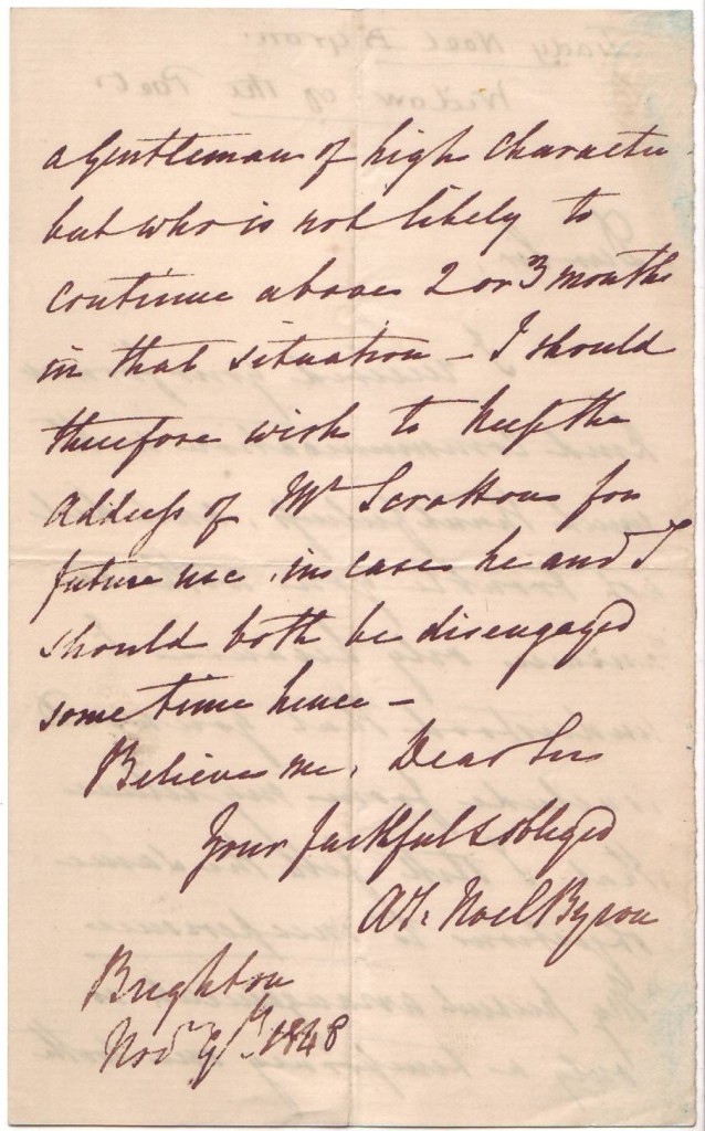BYRON, ANNE ISABELLA MILBANKE; LADY. Autograph Letter Signed, AI. NoelByron,